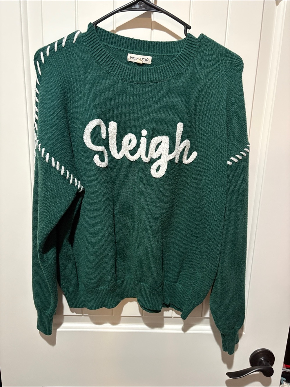 Main Strip Dark Green Crewneck Sweater with White 'Sleigh' Applique